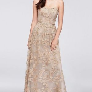 Embroidered Long Strapless Bridesmaid Dress